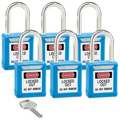 Uline Lockout Padlock - Set of 6 Keyed Alike, 1 1/2" Shackle, Blue H-8622BLU