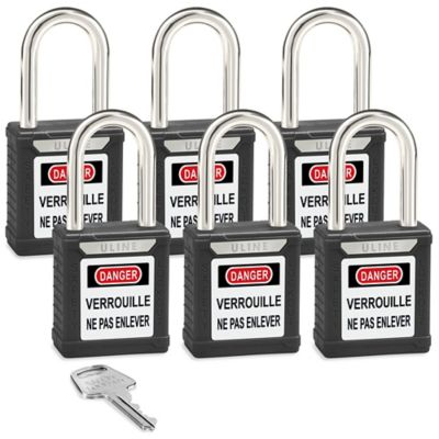 Uline Lockout Padlock - Set of 6 Keyed Alike, 1 1/2" Shackle, Black H-8622BL