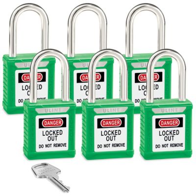 Uline Lockout Padlock - Set of 6 Keyed Alike, 1 1/2" Shackle, Green H-8622G