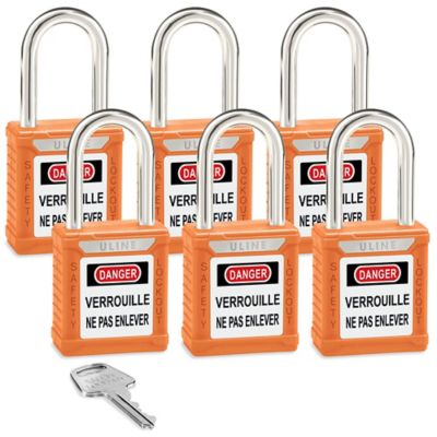 Uline Lockout Padlock - Set of 6 Keyed Alike, 1 1/2" Shackle, Orange H-8622O