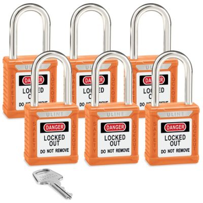 Uline Lockout Padlock - Set of 6 Keyed Alike, 1 1/2" Shackle, Orange H-8622O