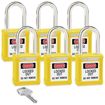 Uline Lockout Padlock - Set of 6 Keyed Alike, 1 1/2" Shackle, Yellow H-8622Y