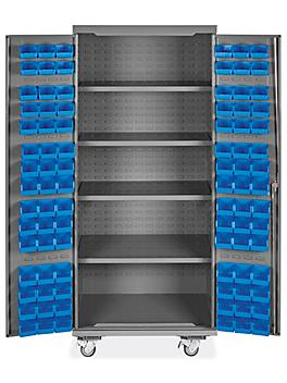 Mobile Bin Storage Cabinet - 36 x 24 x 84", 90 Blue Bins H-9048BLU