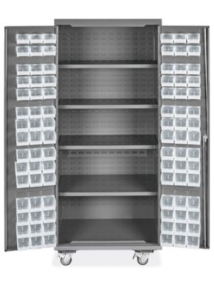 Mobile Bin Storage Cabinet - 36 x 24 x 84", 90 Clear Bins H-9048C