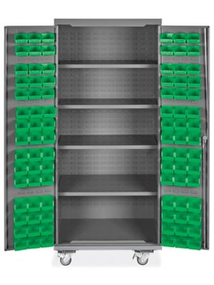 Mobile Bin Storage Cabinet - 36 x 24 x 84", 90 Green Bins H-9048G