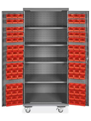 Mobile Bin Storage Cabinet - 36 x 24 x 84, 90 Red Bins H-9048R