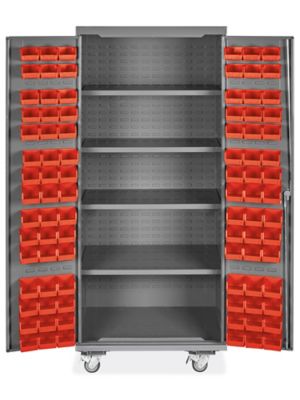 Mobile Bin Storage Cabinet - 36 x 24 x 84, 102 Red Bins