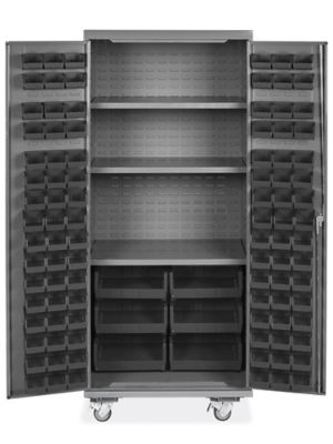 Mobile Bin Storage Cabinet - 36 x 24 x 84", 102 Black Bins H-9049BL
