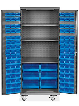 Mobile Bin Storage Cabinet - 36 x 24 x 84", 102 Blue Bins H-9049BLU