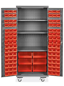 Mobile Bin Storage Cabinet - 36 x 24 x 84", 102 Red Bins H-9049R