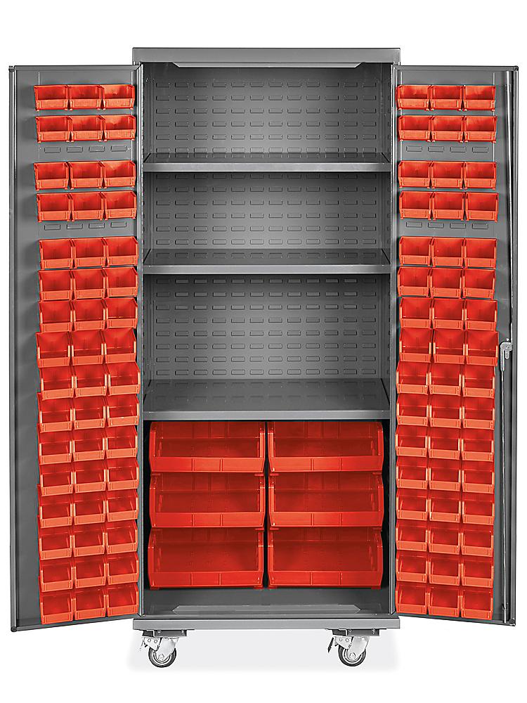 Mobile Bin Storage Cabinet - 36 x 24 x 84, 102 Red Bins H-9049R - Uline