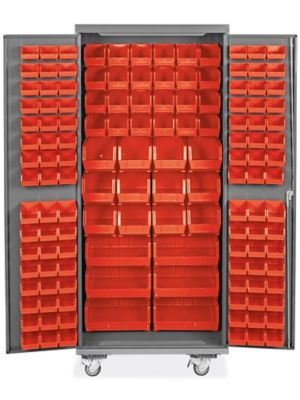 Mobile Bin Storage Cabinet with Doors - 36 3D Bins - 67H