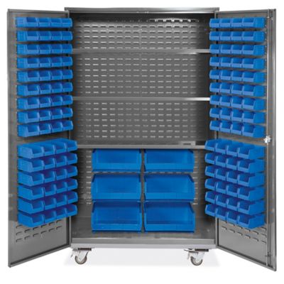 Mobile Bin Storage Cabinet - 48 x 24 x 84, 126 Blue Bins