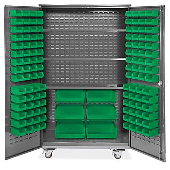 Mobile Bin Storage Cabinet - 48 x 24 x 84", 126 Green Bins H-9051G