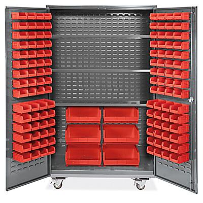 Mobile Bin Storage Cabinet - 48 x 24 x 84, 126 Red Bins