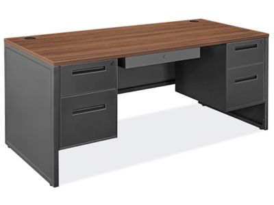 Double Pedestal Industrial Office Desk - 66 x 30", Brown Top, Black Base H-9730BR