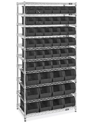 Wire Shelf Bin Organizer - 36 x 12 x 72 with 4 x 12 x 4 Black Bins