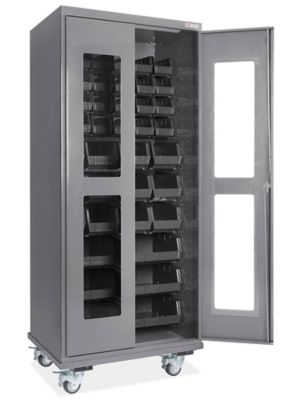 Mobile Clear-View Bin Cabinet - 36 x 24 x 84", 42 Black Bins H-9897BL