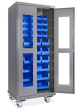 Mobile Clear-View Bin Cabinet - 36 x 24 x 84", 42 Blue Bins H-9897BLU