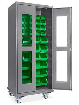 Mobile Clear-View Bin Cabinet - 36 x 24 x 84", 42 Green Bins H-9897G