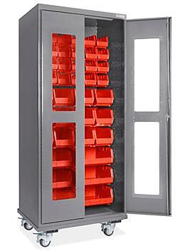 Mobile Clear-View Bin Cabinet - 36 x 24 x 84", 42 Red Bins H-9897R
