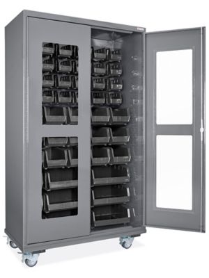 Mobile Clear-View Bin Cabinet - 48 x 24 x 84", 48 Black Bins H-9899BL