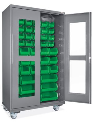 Mobile Clear-View Bin Cabinet - 48 x 24 x 84", 48 Green Bins H-9899G