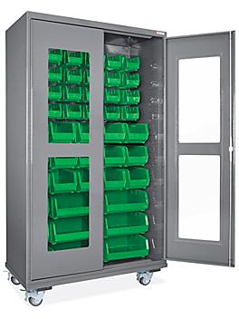 Mobile Clear-View Bin Cabinet - 48 x 24 x 84", 48 Green Bins H-9899G