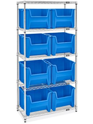 Wire Shelf Bin Organizer - 36 x 12 x 72 with 4 x 12 x 4 Blue Bins