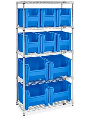 Shelf Bin Organizer - 36 x 18 x 39 with 11 x 18 x 4 Blue Bins - ULINE - H-2646BLU