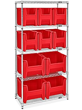 Giant Stackable Bin Organizer - 36 x 18 x 72" with Red Bins H-9902R