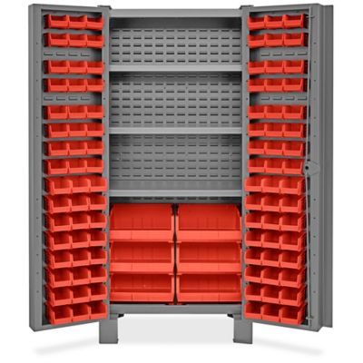 Heavy-Duty Bin Storage Cabinet - 36 x 24 x 78, 102 Red Bins