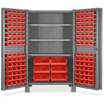 Heavy-Duty Bin Storage Cabinet - 48 x 24 x 78", 126 Red Bins H-9988R