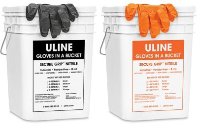 Uline Secure Grip<sup>&trade;</sup> Nitrile Gloves in a Bucket