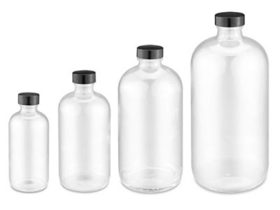 4 Pack 32 Oz Clear Boston Round Glass Bottles With Black Caps