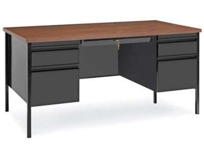 Bureau en L en acier à double caisson – 66 x 72 po, base noire, surface en  noyer H-8204 - Uline