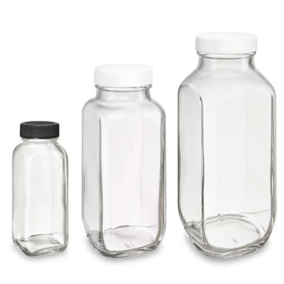 16 oz Clear French Square Glass Bottle with Black Cap