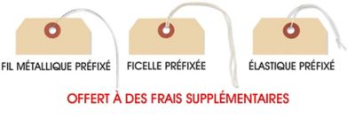 Étiquettes d'expédition avec fil métallique préfixé, ficelle préfixée et élastique préfixé