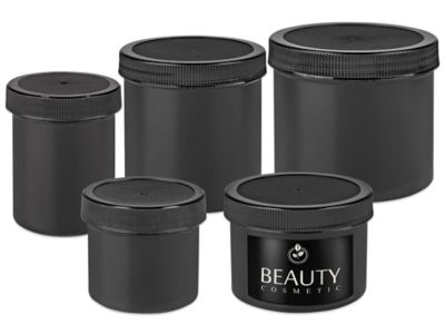 White Round Wide-Mouth Plastic Jars Bulk Pack - 6 oz, Black Cap S-14507B-BL  - Uline