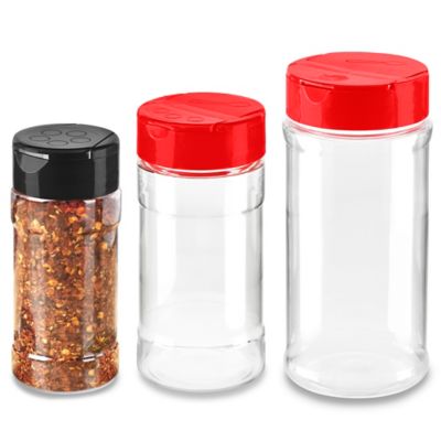 Spice Bottle 2oz (56gr) Clear PET with Sift & Spoon Red Lid / Aluminum Foil  Seal Liner | Spice jar - MIN ORDER OF 10 JARS