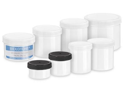 White Round Wide-Mouth Plastic Jars - 10 oz, White Cap S-17039 - Uline