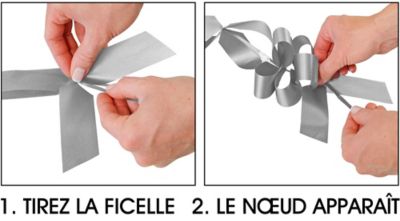 Instructions : 1. Tirez la ficelle, 2. Le nœud apparaît