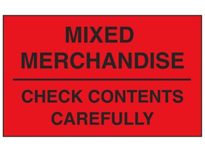 "Mixed Merchandise/Check Contents Carefully" Label - 3 x 5"