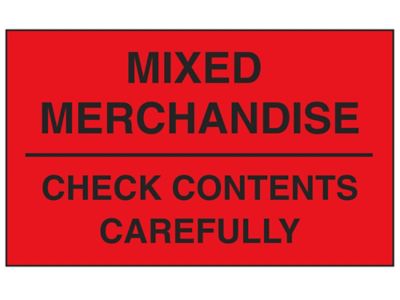 Étiquette adhésive – « Mixed Merchandise/Check Contents Carefully » – 3 x 5 po