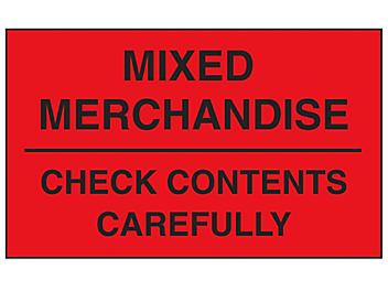 "Mixed Merchandise/Check Contents Carefully" Label - 3 x 5" S-11391