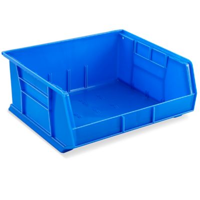 Stackable blue plastic storage parts bins