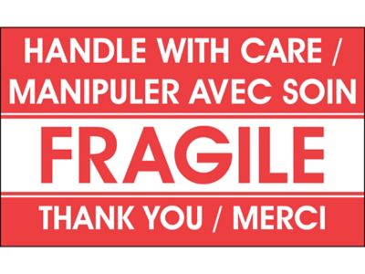 Bilingual English/French Labels - "Handle with Care/Fragile/Thank You", 3 x 5"