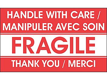 Bilingual English/French Labels - "Handle with Care/Fragile/Thank You", 3 x 5" S-14069