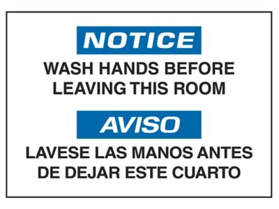 Enseigne bilingue en vinyle – « Wash Hands Before Leaving », dos adhésif