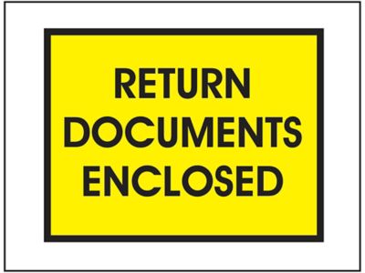 Enveloppes de bordereau d'expédition – « Return Documents Enclosed », 7 1/2 x 5 1/2 po, jaune